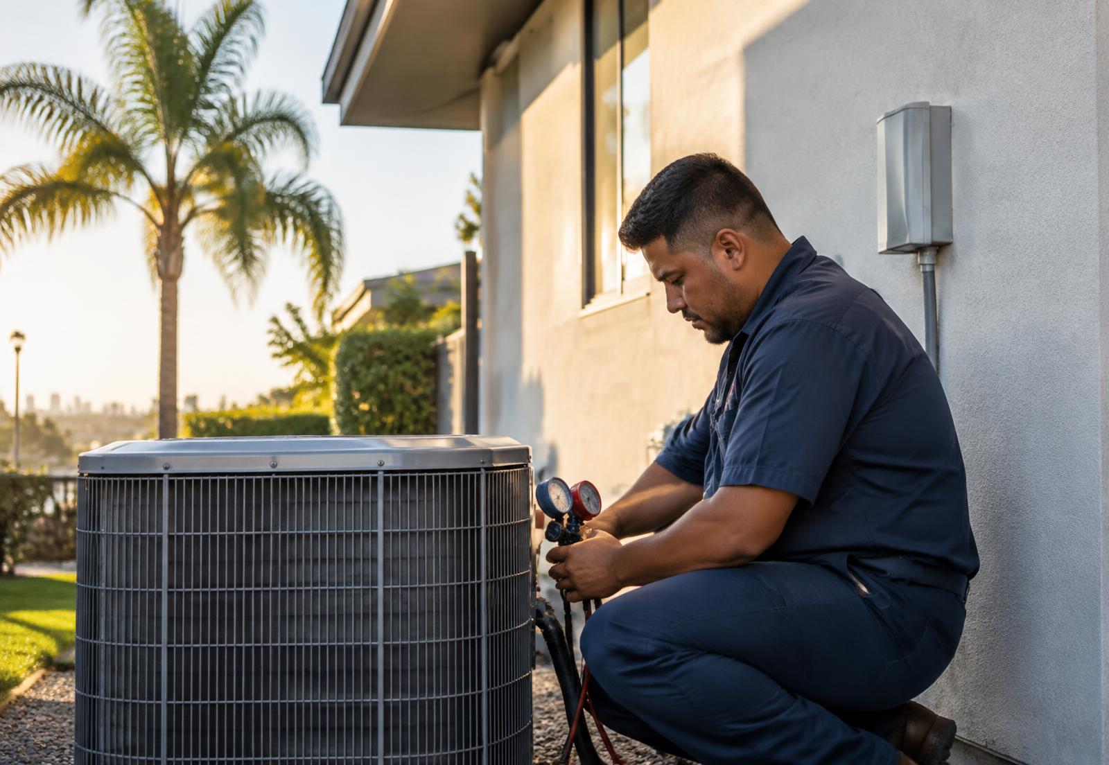 HVAC technician servicing an outdoor air conditioning unit at a Los Angeles home